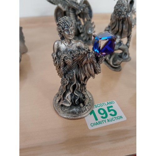 195 - Tray lot of pewter and crystal mythical figurines. Some 'The Magic of the Crystal' and dragons, see ... 