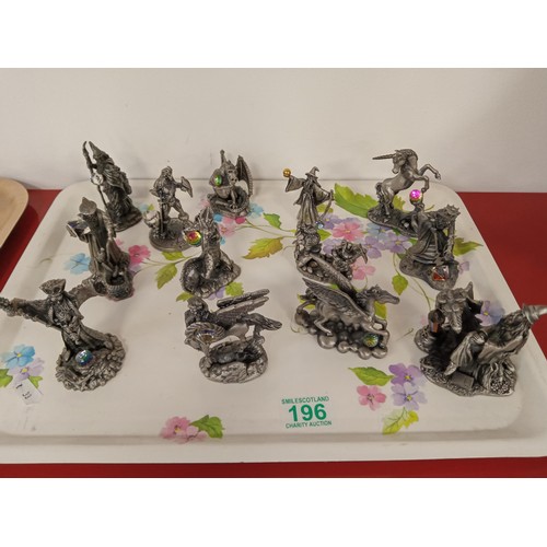 196 - Tray lot of pewter and crystal mythical figurines. Some 'The Magic of the Crystal' and 'The Power of... 