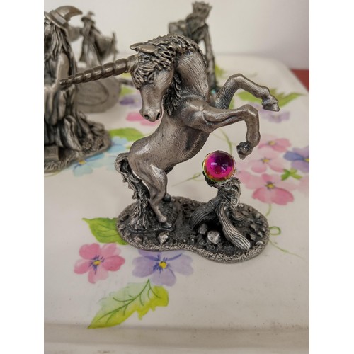 196 - Tray lot of pewter and crystal mythical figurines. Some 'The Magic of the Crystal' and 'The Power of... 