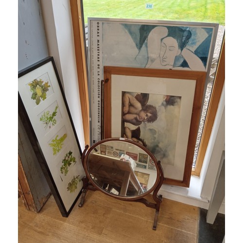 230 - A selection of vintage pictures, standing mirror etc.