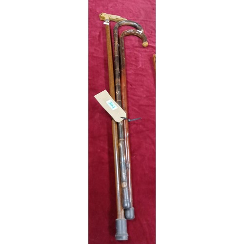 303 - Three vintage walking sticks.  One with carved Lion handle.