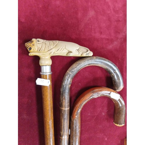 303 - Three vintage walking sticks.  One with carved Lion handle.