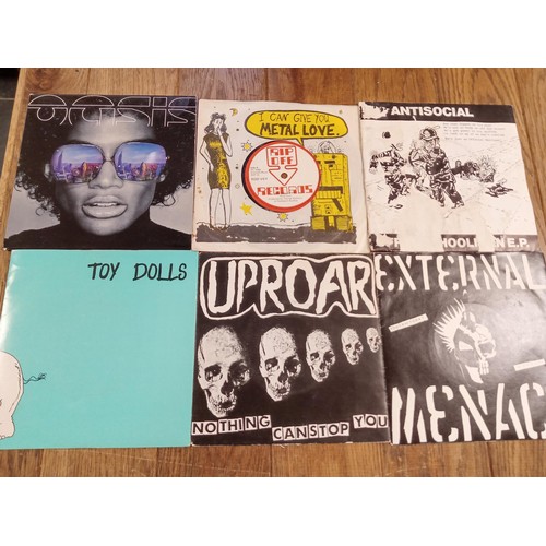 86 - 6 x 45 RPM records, to include Toy Dolls, Uproar & External Mennace, Anti-Social, Rod Vey & Who Feel... 