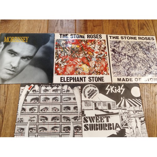 84 - 5 x 45 RPM records, to include 2 x The Stone Roses, Morrisey, The Skids (white vinyl) & Rough Trade