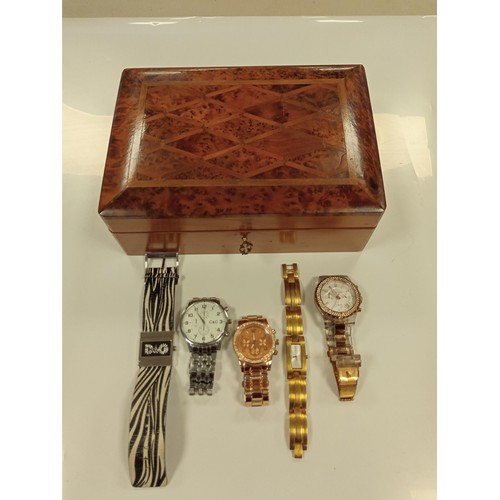 151 - A wooden jewellery box with 5 x watches from a deceased estate to include, Michael Korrs, DKNY, C & ... 