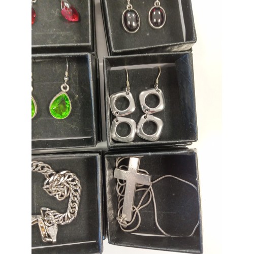 166 - 12 x earrings, necklaces & Bangles, some stamped silver in presentation boxes.