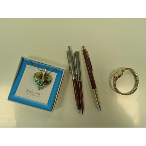 170 - 3 x Vintage Papermate Pens, Ice Bronz Necklace and a vintage Cauny Desir 17 Rubis Swiss watch