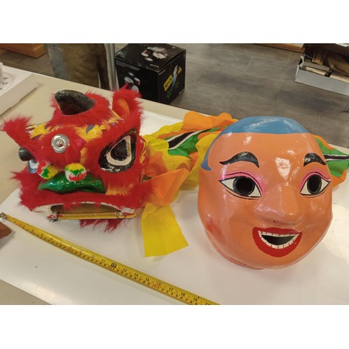 180 - 2 x Paper Mache Chinese full head masks, bought in China.  1 is a Lion dance Chinese costume dragon ... 