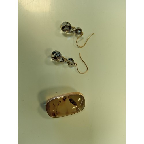 184 - Direct form a deceased estate, a pair of earrings & agate broach with possible gold surround