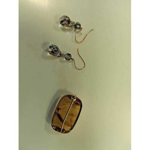 184 - Direct form a deceased estate, a pair of earrings & agate broach with possible gold surround