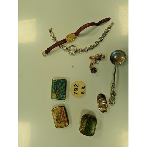 185 - Small collectors lot, to include tins, earrings, walking stick hallmarked silver tip etc