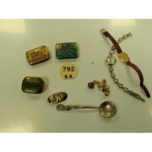 185 - Small collectors lot, to include tins, earrings, walking stick hallmarked silver tip etc