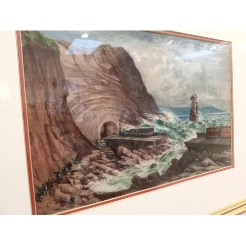 7 - Victorian Watercolour 'Teignmouth to Dawlish Rail Disaster' unsigned, detailed information on the ba... 