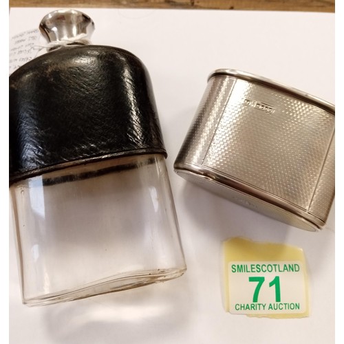 71 - Victorian hip flask.  Leather cased with sterling silver lid and cup. London 1863 Maker Thomas Johns... 