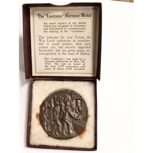 82 - RMS Lusitania German Medal in original box and leaflet 'A German Naval Victory'