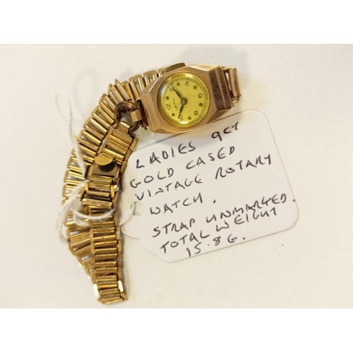 94 - Ladies 9ct gold cased vintage Rotary watch. Strap unmarked, 15.8g approx.