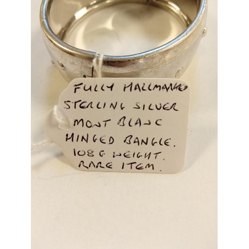 100 - Fully hallmarked sterling silver Mont Blanc hinged bangle. Rare item, 108g approx.