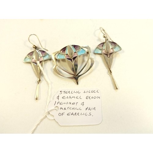 126 - Sterling silver & enamel brooch/ pendant & matching pair of earrings, plus Monica Vinader fully hall... 