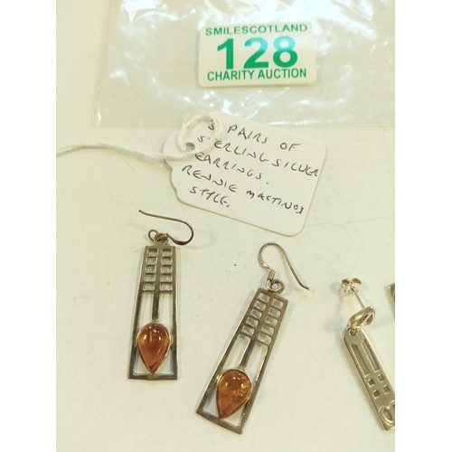 128 - 3x pairs of sterling silver earrings. Rennie McIntosh style