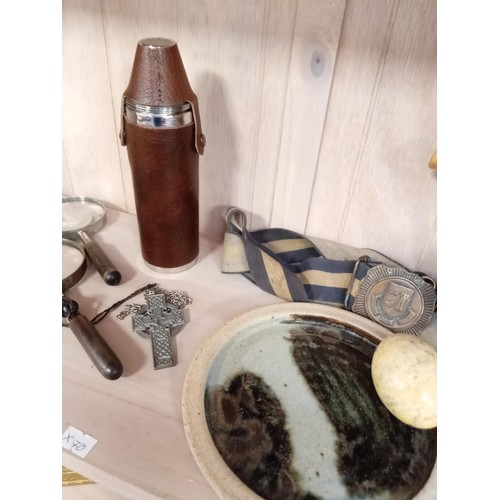 150 - Wooden cannon, magnifying glasses, stoneware etc.