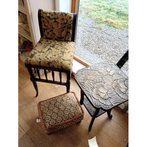 155 - Vintage chair, footstool and small carved table