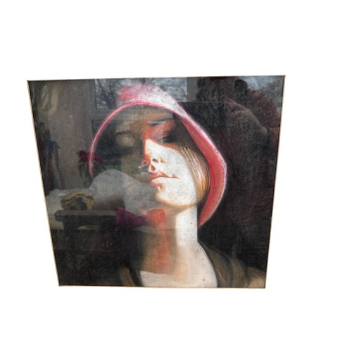 162 - Patricia Rorie Scottish artist pastel painting of Fluffy Hat.  Frame measures 64x63cm approx.