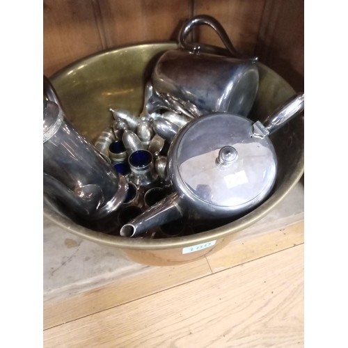 180 - Brass berry pan, stainless steel teapot plus a large selection of salt, pepper and mustard pots