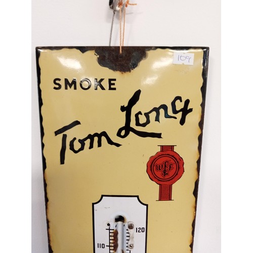 230 - Enamel Smoke Tom Long Grand Old Rich Tobacco thermometer advertising sign, glass thermometer not pre... 