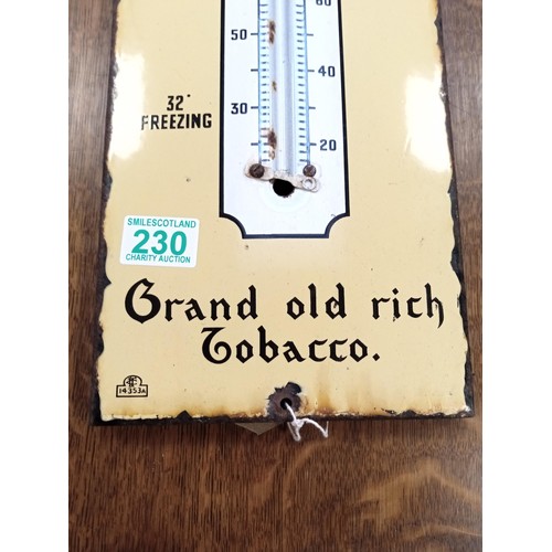 230 - Enamel Smoke Tom Long Grand Old Rich Tobacco thermometer advertising sign, glass thermometer not pre... 