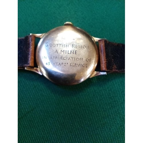 196 - Ballater railway station masters retirement solid 9ct gold cased gents Tudor watch. 1950's inscribed... 