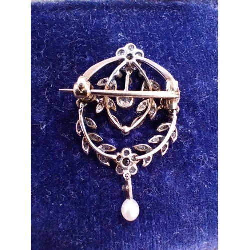 199A - Art Nouveau possible gold/ platinum (no hallmark) & diamond articulated brooch & single drop natural... 