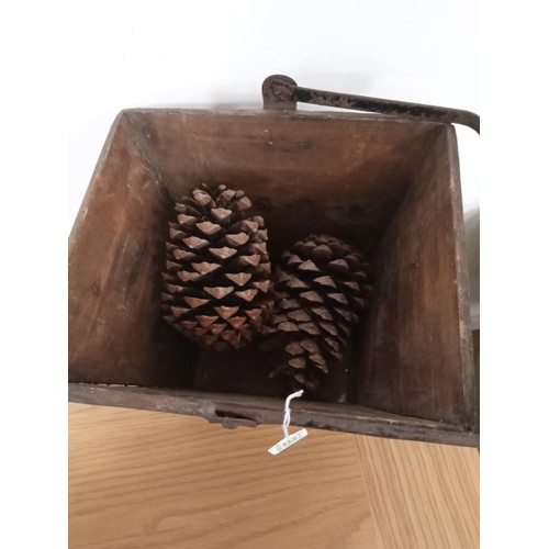 65 - Wooden country bucket with 2 large fir cones