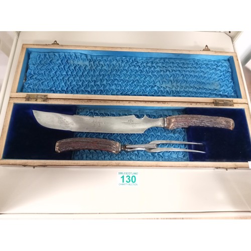 130 - Vintage antler carving set in presentation box