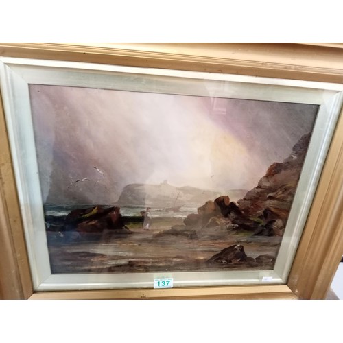 183 - Victorian framed coastal scene oil painting on canvas by HH Birdsall, New Zealand