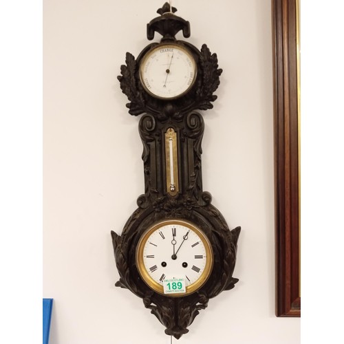 189 - Antique barometer with clock in cast metal