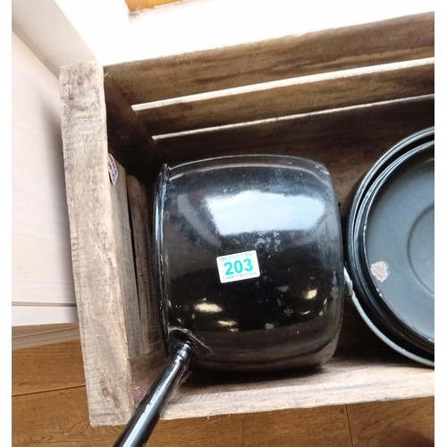 203 - Vintage enamel pots and fruit/ veg box