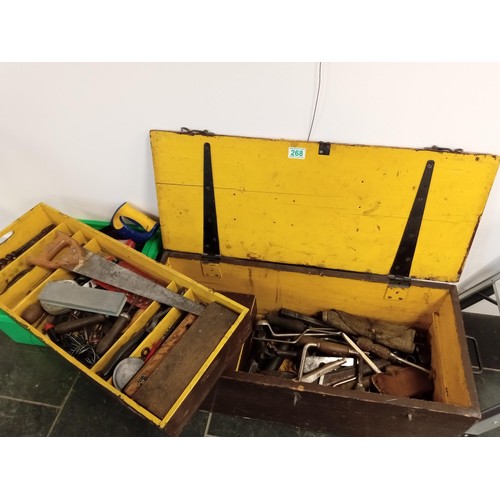 268 - Vintage wooden toolbox and some modern tools