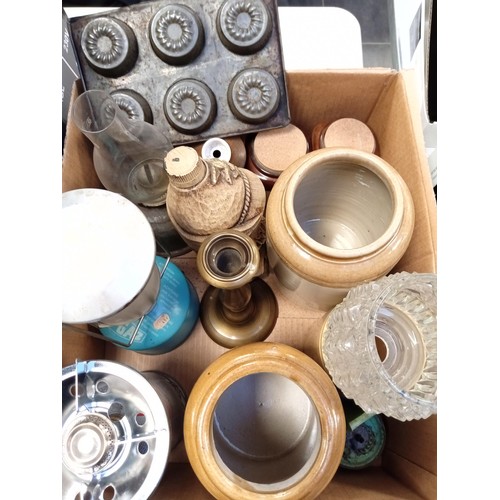 280 - Box lot containing oil lamp, gas stove, glazed pots etc