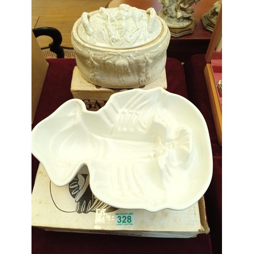 328 - Lobster porcelain jelly mould plus Port Meirion game pie dish