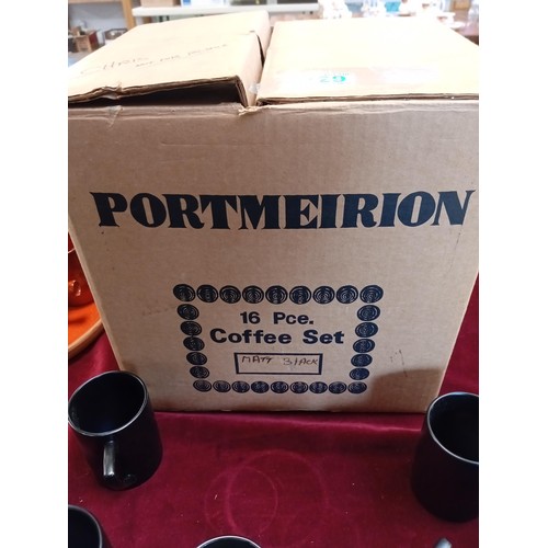 329 - Port Meirion 16 piece coffee set matt black in original box unused