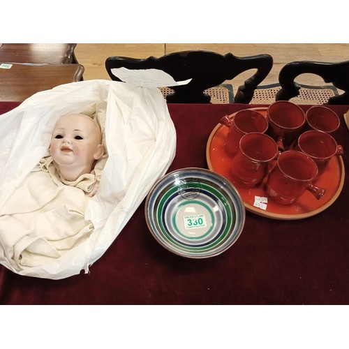 330 - Vintage dolls head plus highland stone ware dish and tray with pottery cups