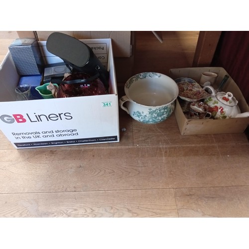 341 - 2 x box lots of China plus a 'chunty' (chamber pot)