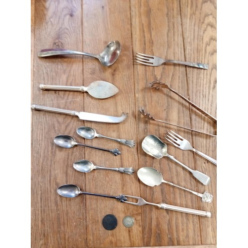 67 - Roman silver sugar spoon & selection of white metal cutlery