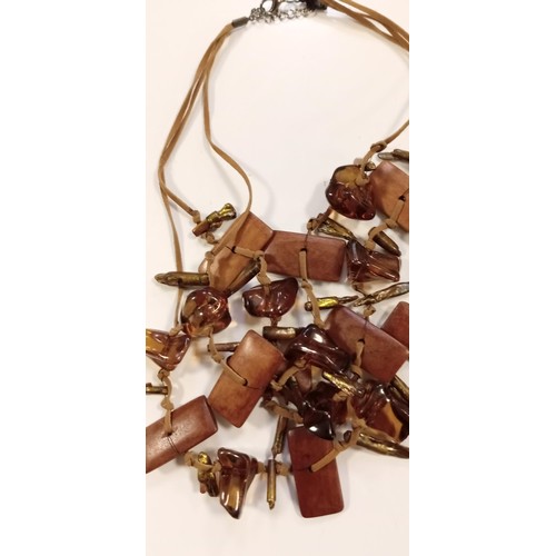 80 - Wood, leather & resin costume necklace