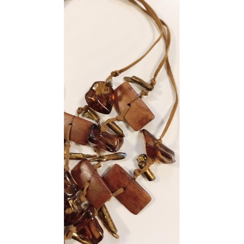 80 - Wood, leather & resin costume necklace