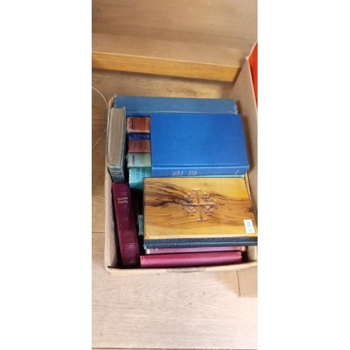 34 - Selection of vintage books to include Jerusalem wooden bible