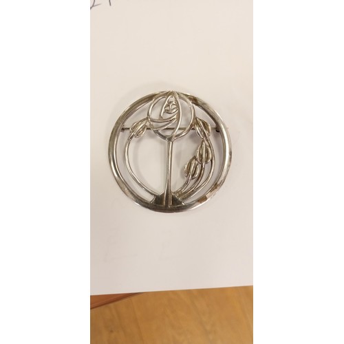 97 - 3x White metal (poss.) silver Rennie Mackintosh style brooches