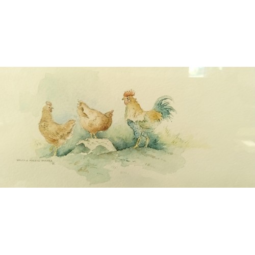 152A - Small water-colour by Valerie McLeod Harper 1991 cockerel with hens