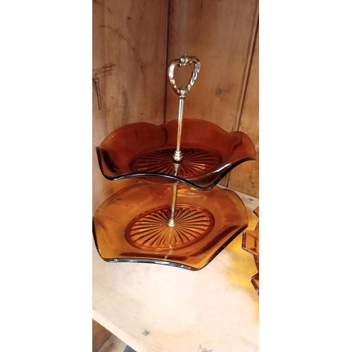 202 - 3x coloured glass ware inc. cake stand & bowls