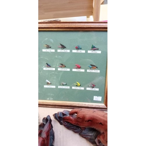 286 - Small box collectibles inc. fishing flies, picture, carved animals